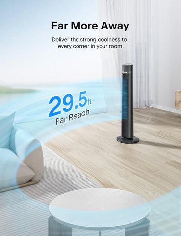Pelonis bladeless fan side profile highlights slim, space-saving design.