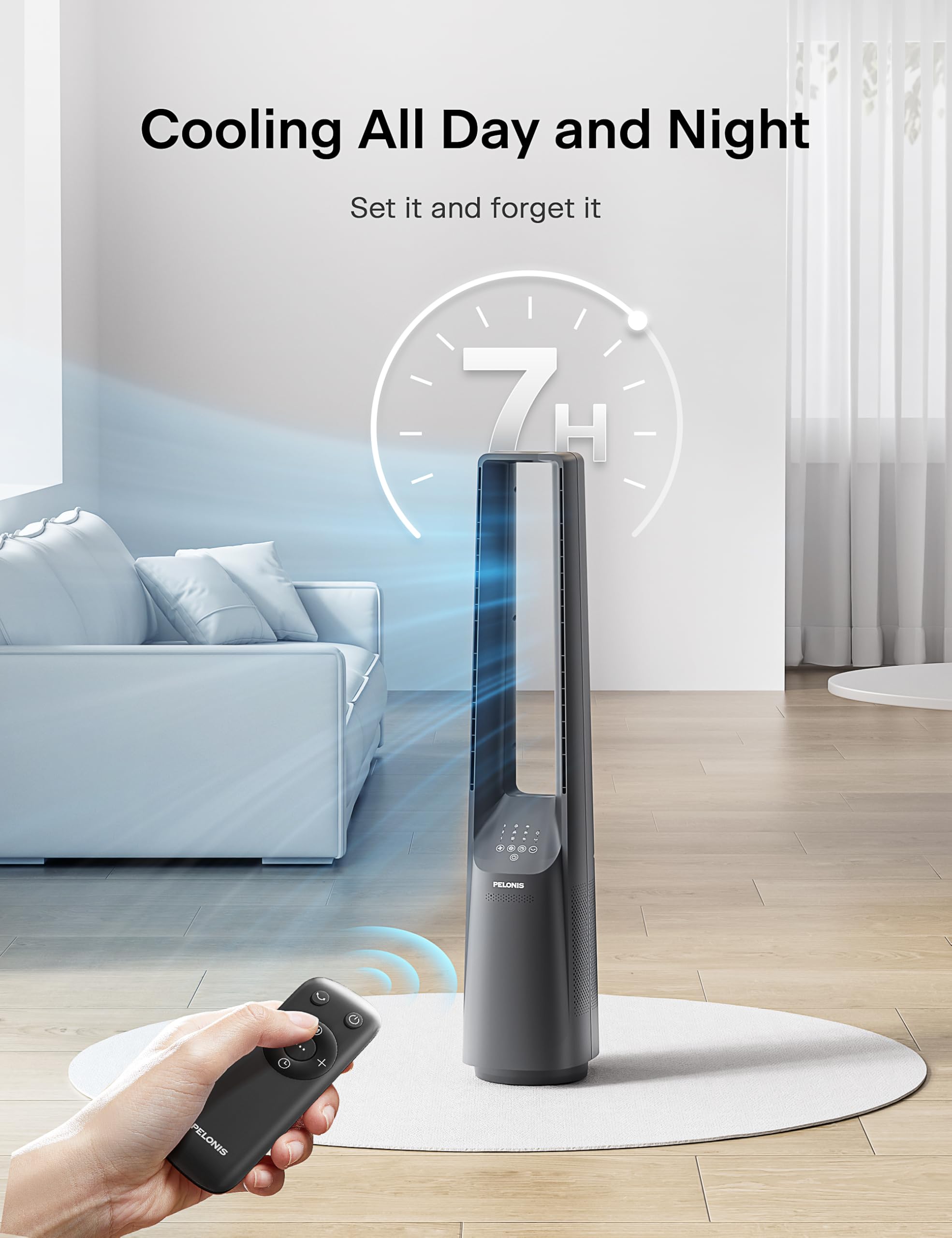 PELONIS bladeless tower fan sleep mode for quiet nighttime cooling