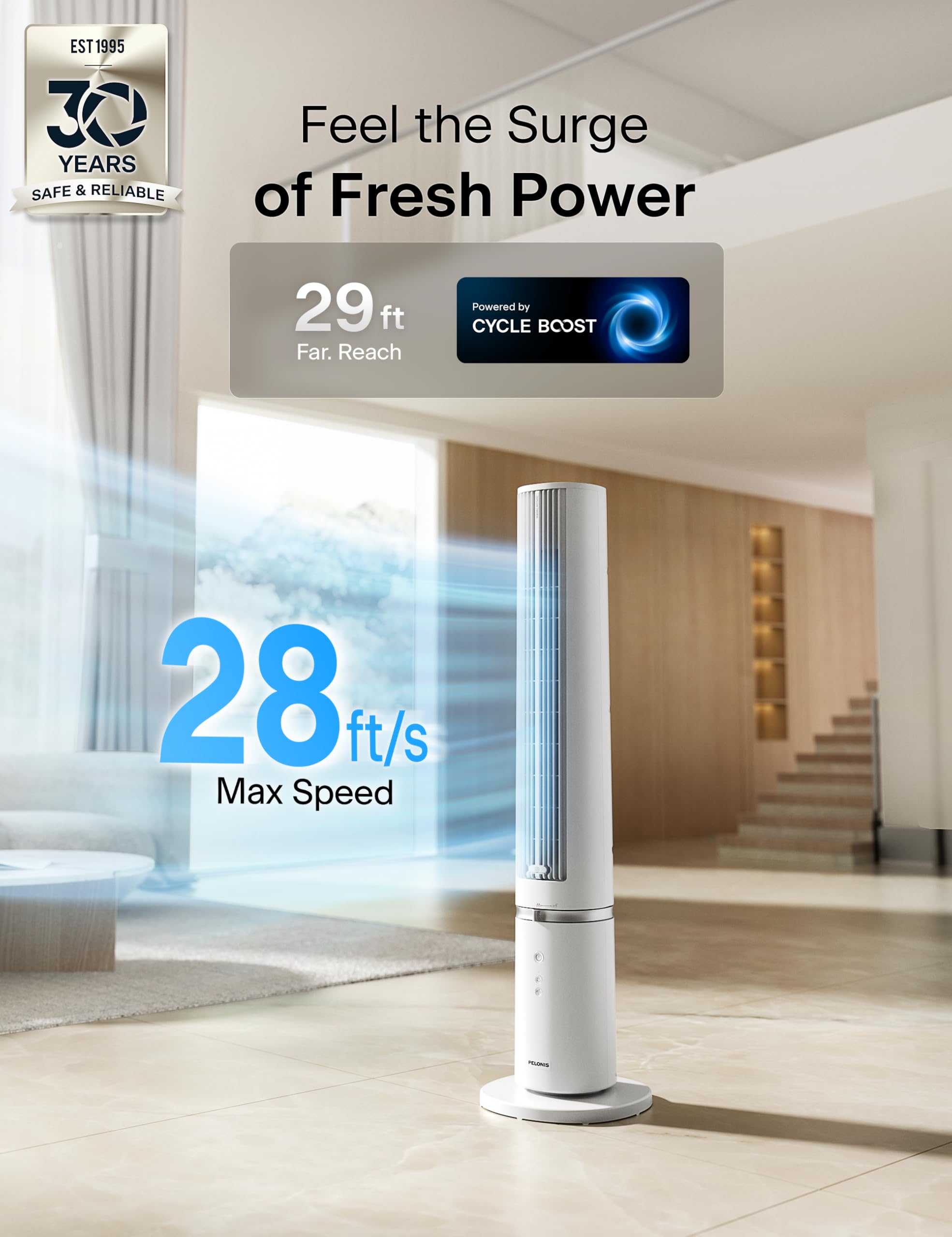 Pelonis tower fan side view emphasizes slim profile ideal for corners