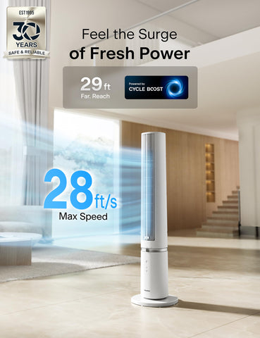 Pelonis tower fan side view emphasizes slim profile ideal for corners