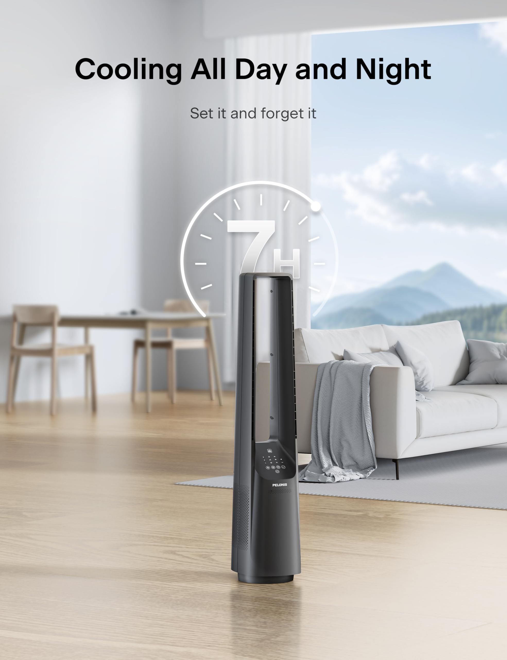 Pelonis 6 speeds image highlights customizable airflow for varied comfort levels