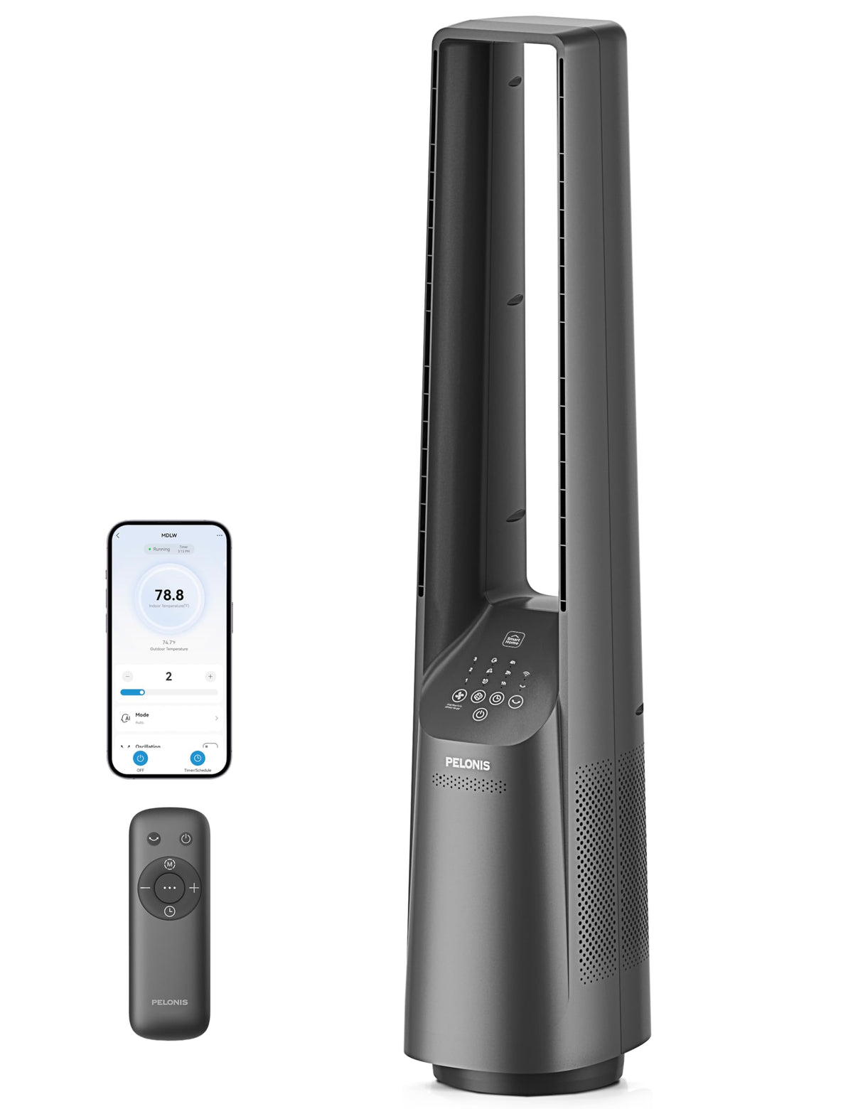 Pelonis 40-inch bladeless tower fan in bedroom angle shows smooth, even cooling