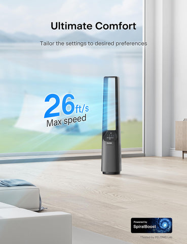 Pelonis bladeless tower fan control panel highlights easy-tap settings for instant comfort
