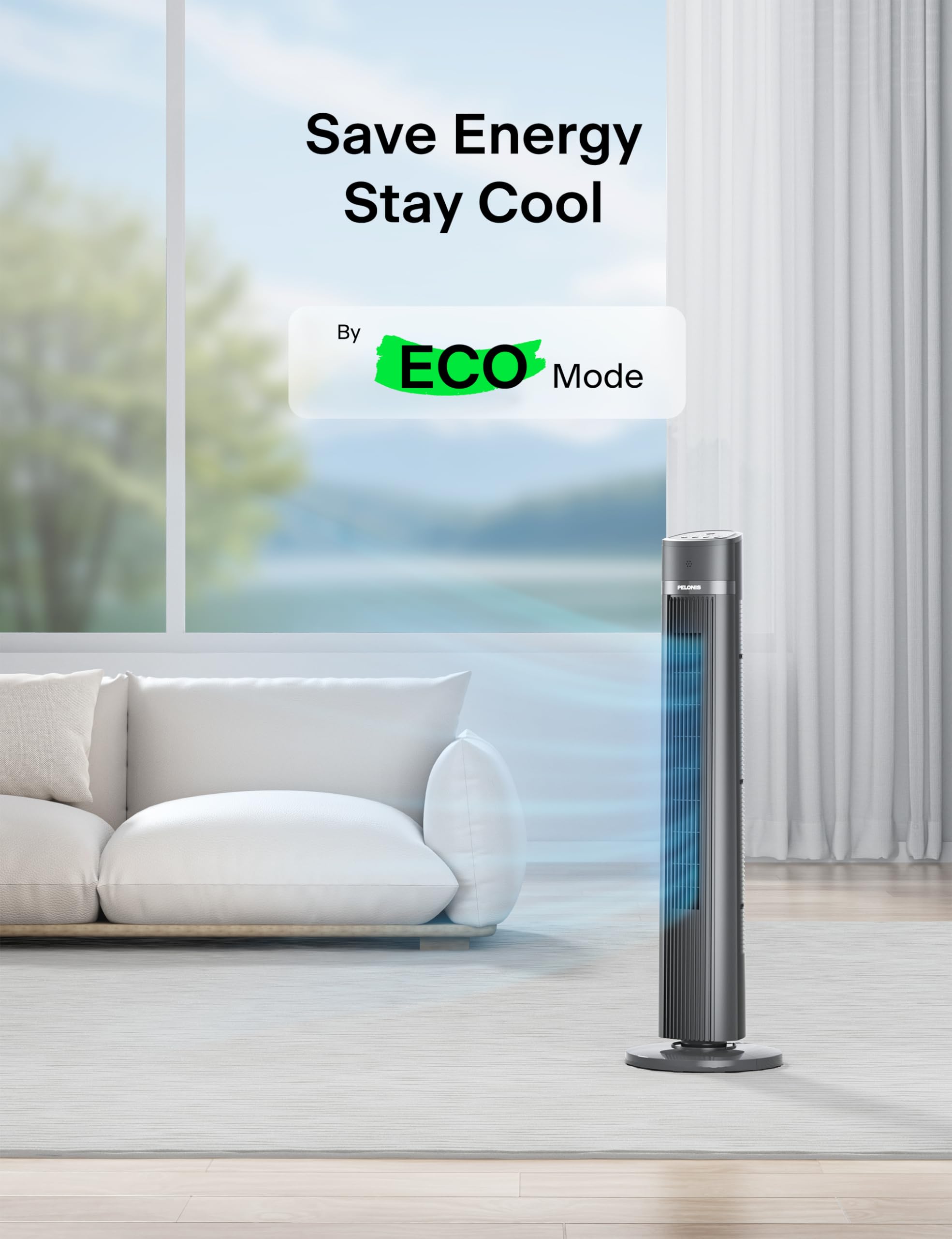 Pelonis tower fan in a sleek black bedroom setup