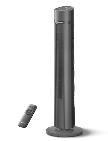 Pelonis 40-inch tower fan demonstrating wide 90° oscillation for even room cooling