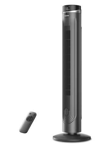 Pelonis 42-inch tower fan front view showing sleek slim profile for focused room cooling