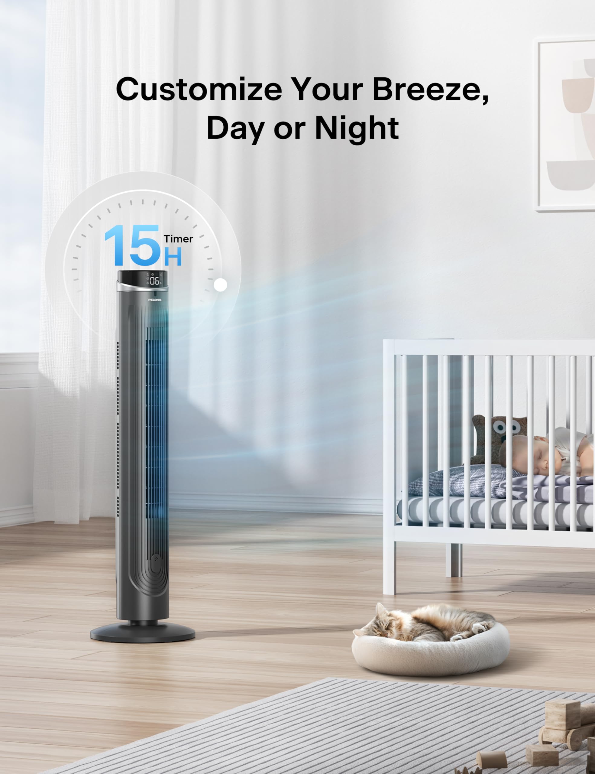 Pelonis 42-inch tower fan in action with 90° oscillation for even airflow