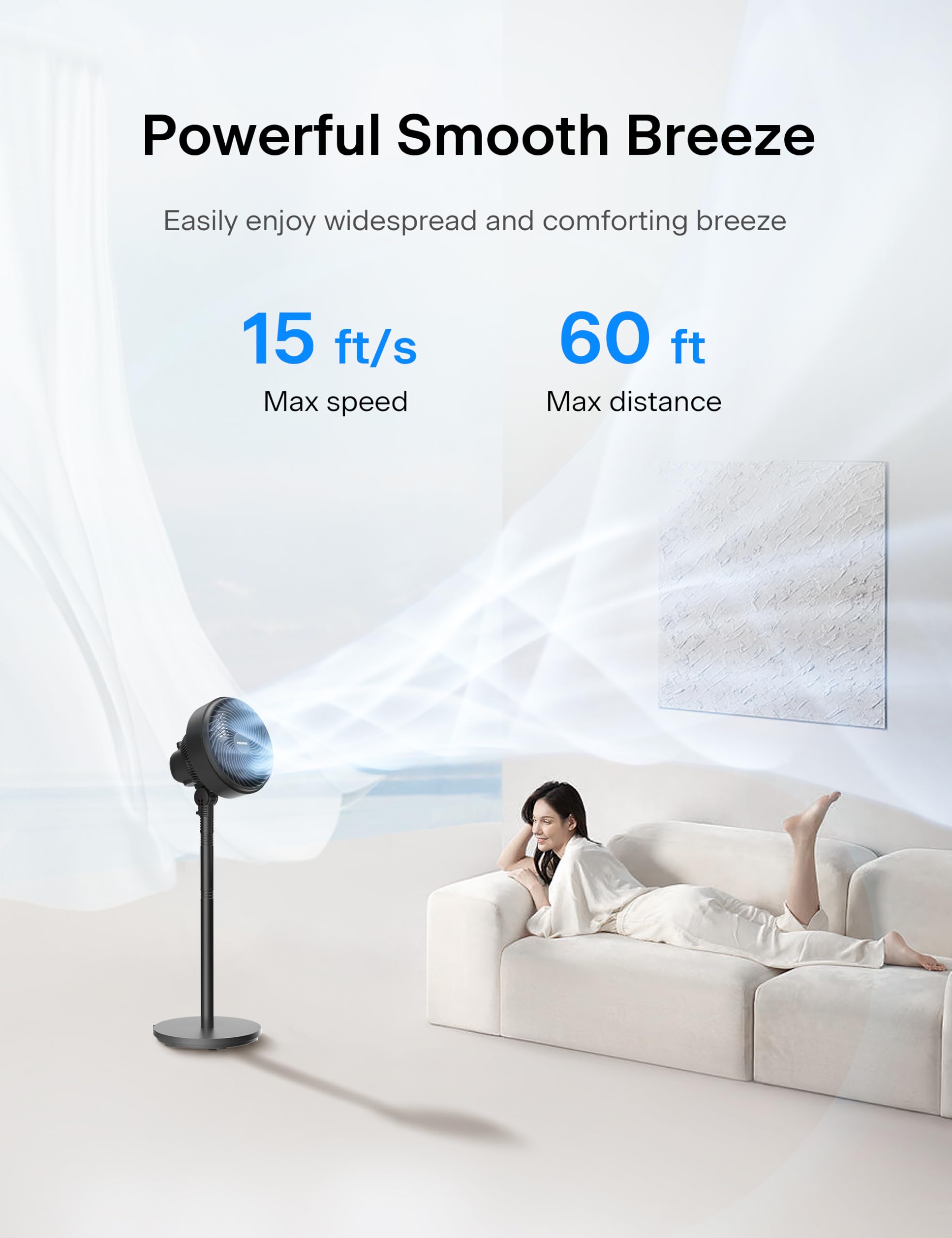 Pelonis 5-blade design delivers smooth, quiet breeze for cooling and circulation.