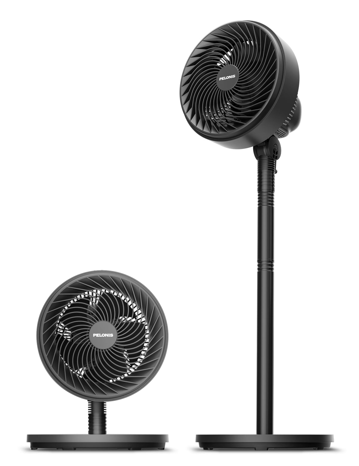 Pelonis 7-inch pedestal fan with adjustable height for tabletop or floor use.