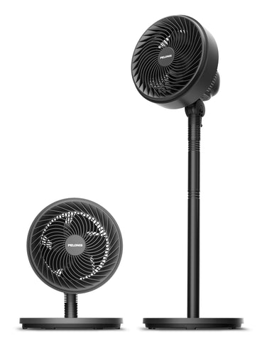Pelonis 7-inch pedestal fan with adjustable height for tabletop or floor use.