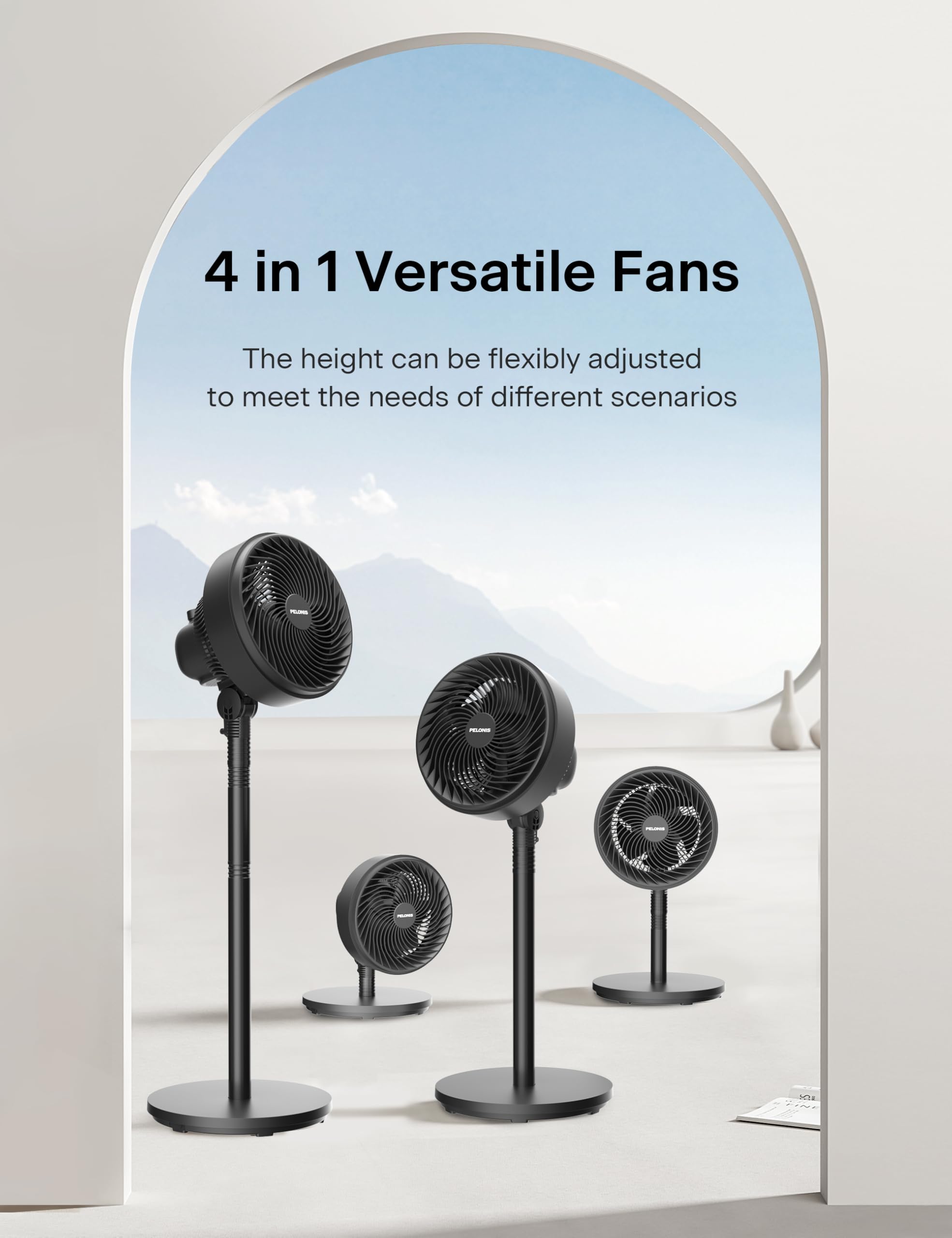 Pelonis pedestal fan demonstrates 75° vertical and 90° horizontal oscillation for full-room airflow.