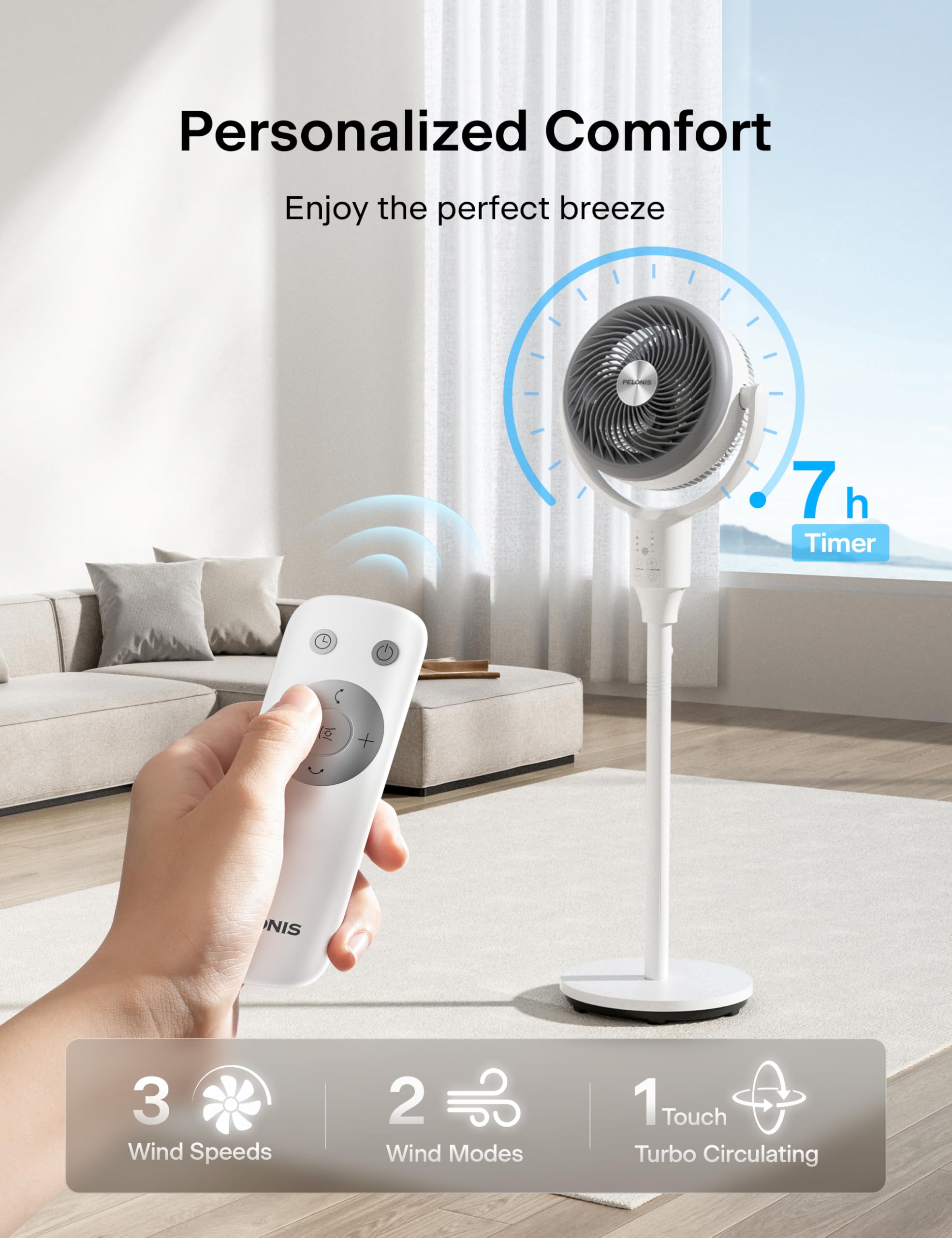 PELONIS AeroFan 7H timer offers convenient auto-shutoff.