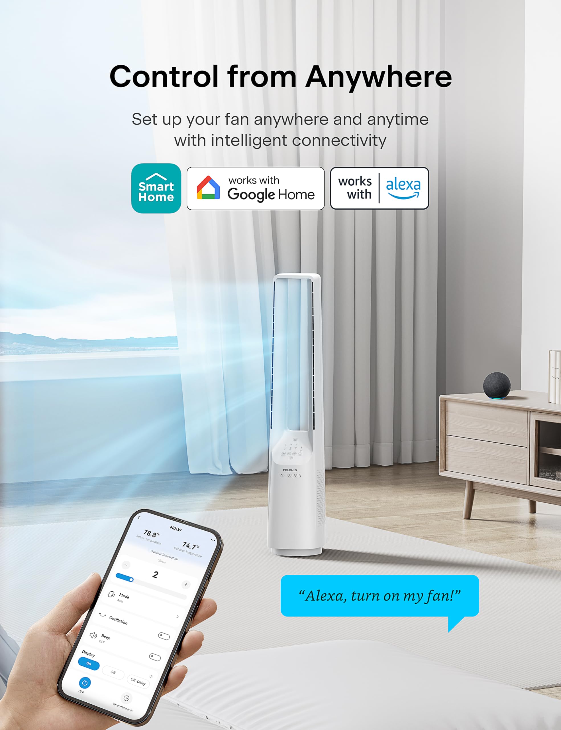 Pelonis bladeless tower fan in bedroom for quiet nights and restful sleep.