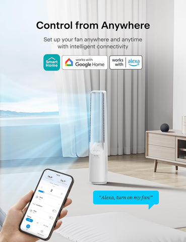 Pelonis bladeless tower fan in bedroom for quiet nights and restful sleep.