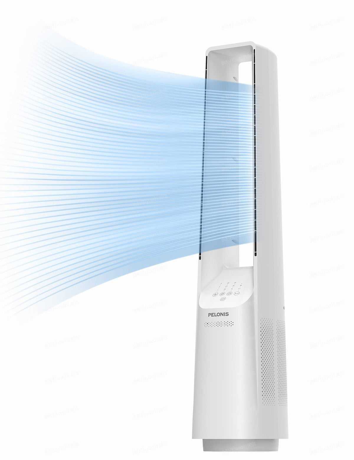 Pelonis bladeless tower fan front view showing safe design for families and pets.