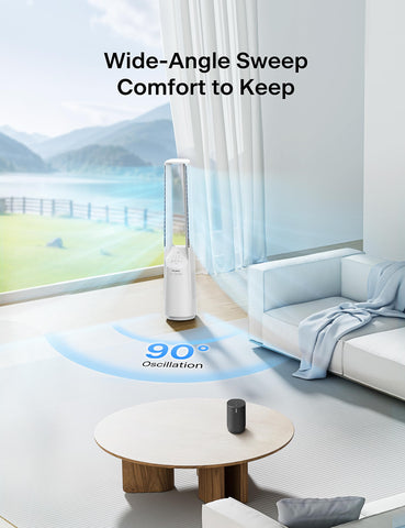 Pelonis bladeless tower fan in living room demonstrating versatile placement.