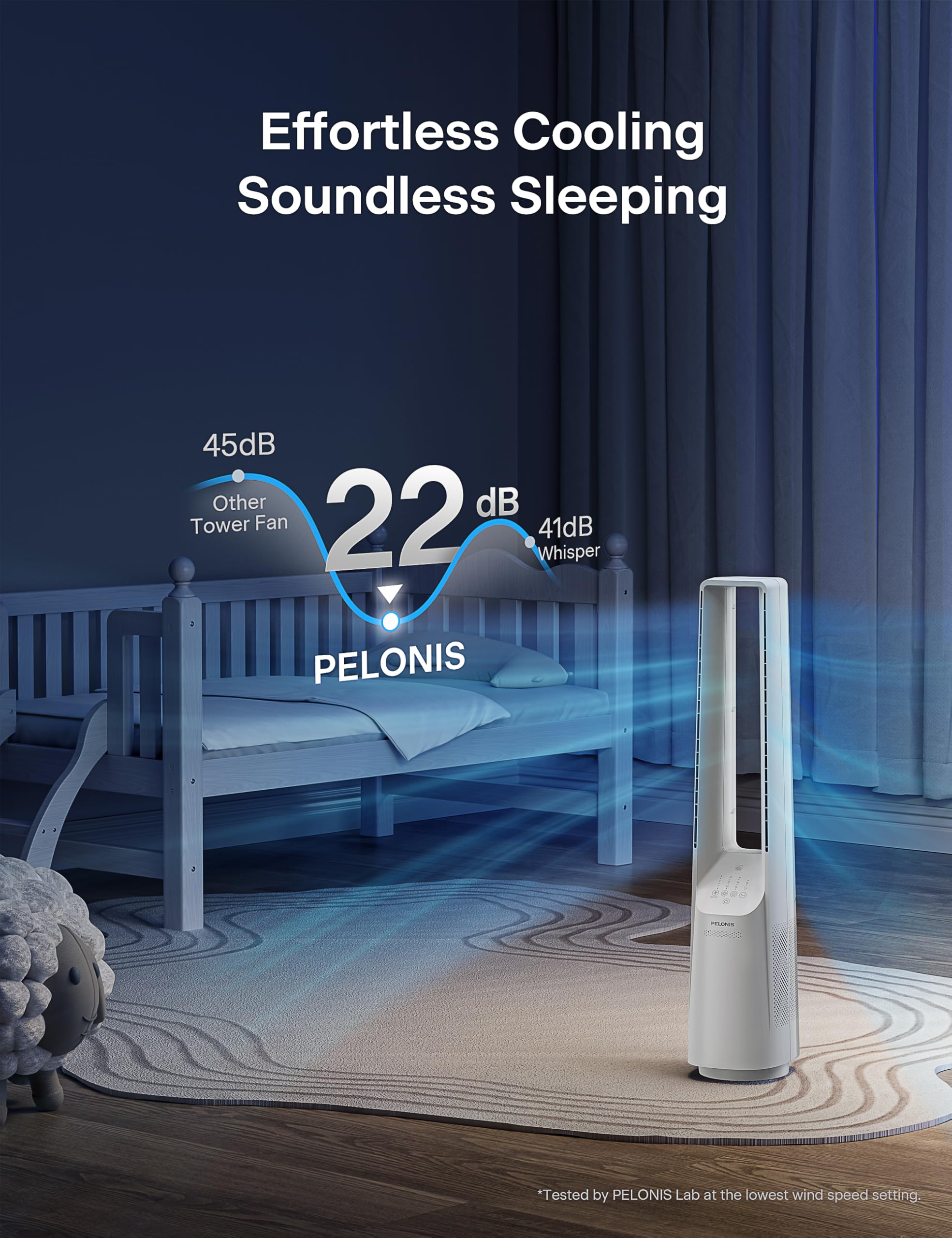 Pelonis bladeless tower fan 120 degree oscillation for wide room coverage.