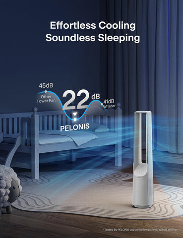 Pelonis bladeless tower fan 120 degree oscillation for wide room coverage.