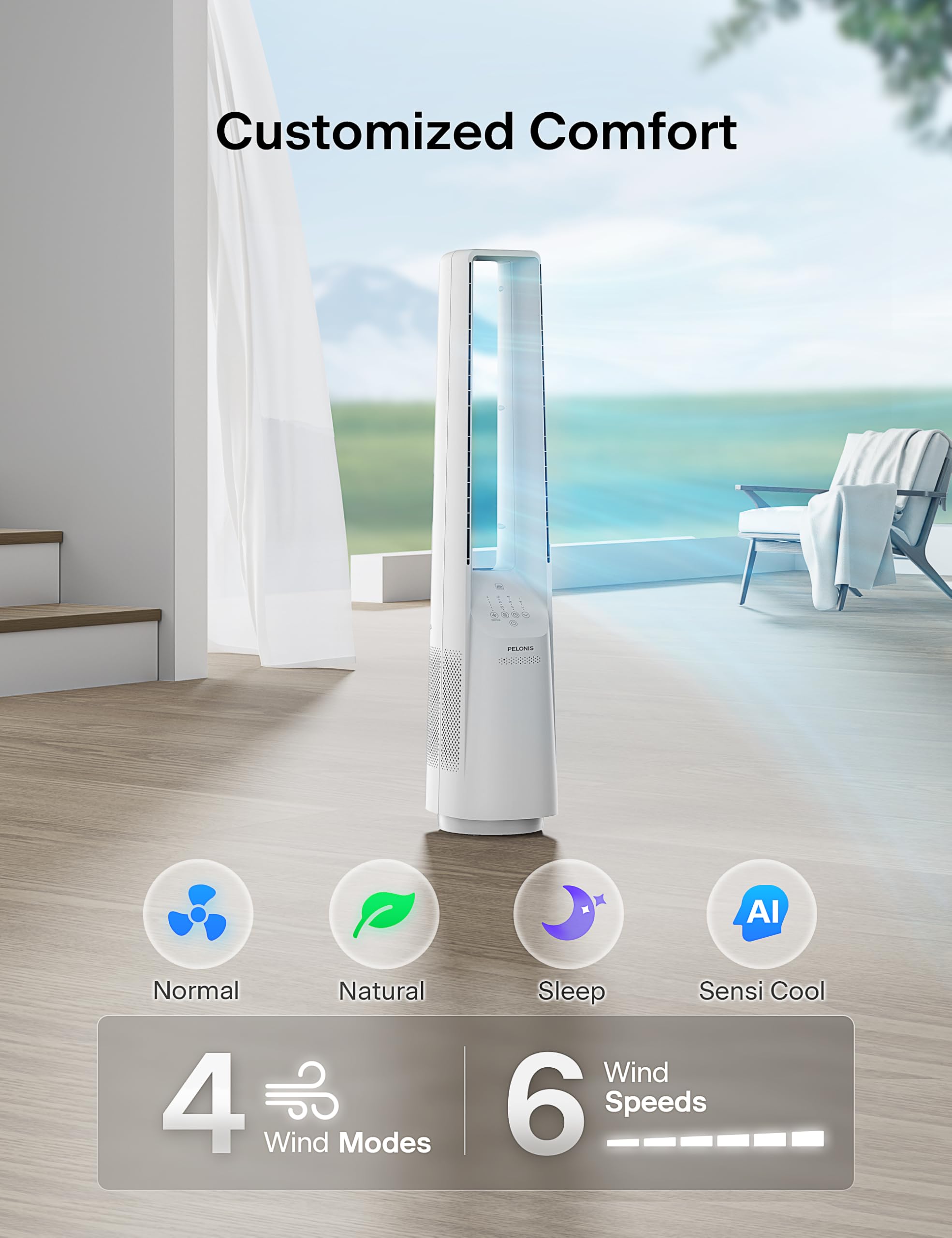 Pelonis bladeless tower fan remote control demonstrates easy adjustments from across the room.