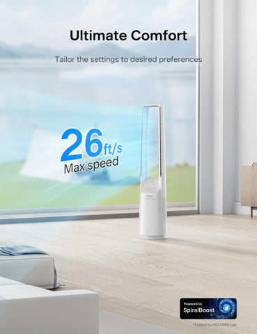 Pelonis bladeless tower fan side view highlighting slim profile and sleek look.