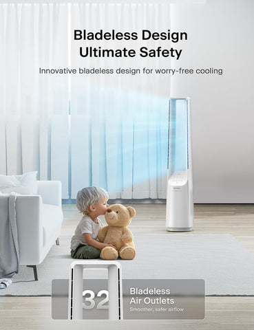 Pelonis bladeless tower fan wifi setup shows smart home connectivity with voice assistants.