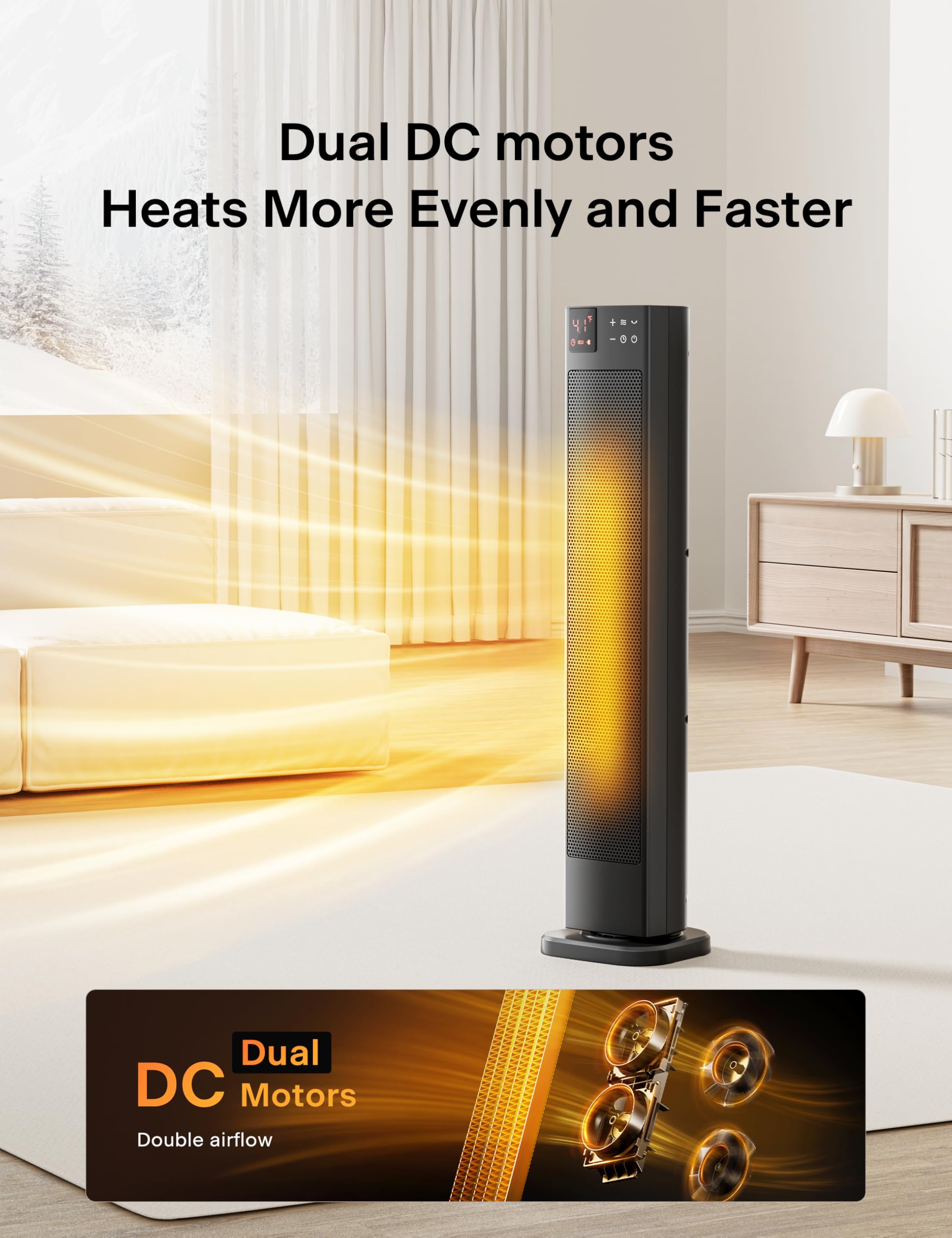 PELONIS ceramic tower heater with digital panel for precise temperature control.