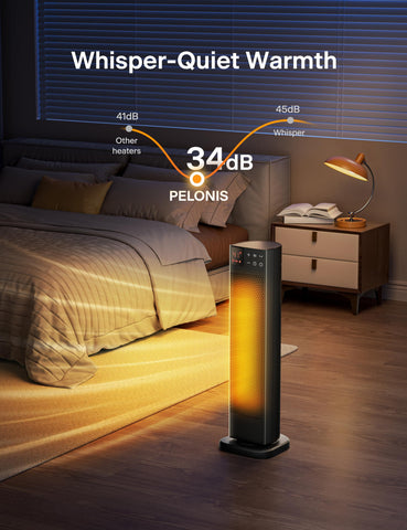 Pelonis tower heater in a living area illustrating even heat distribution.