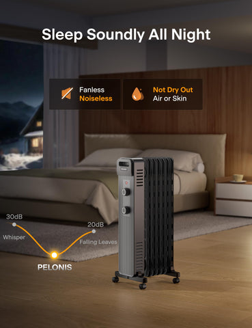 Pelonis radiator on casters for easy room-to-room movement