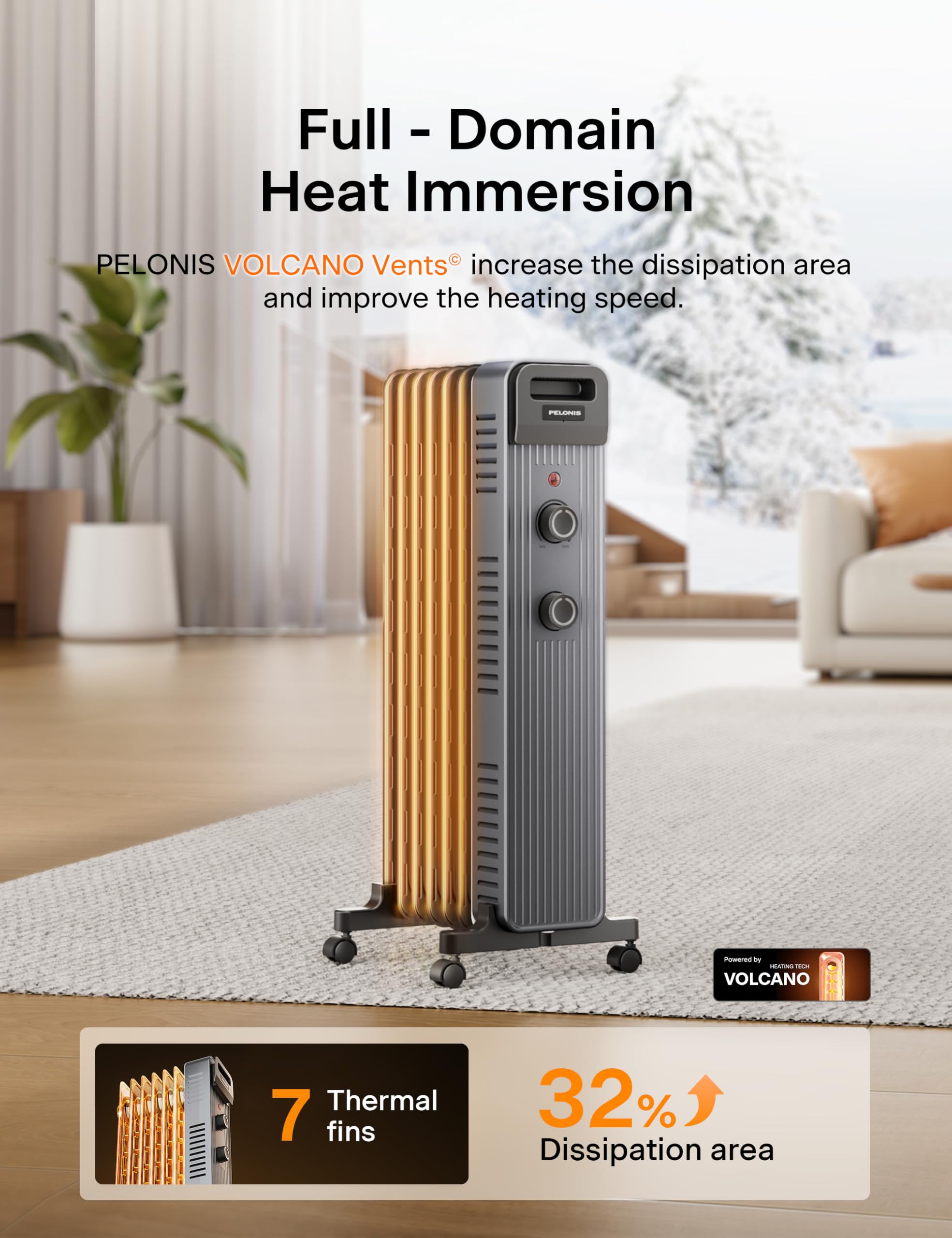 Pelonis heater delivering full-room warmth for a large living area