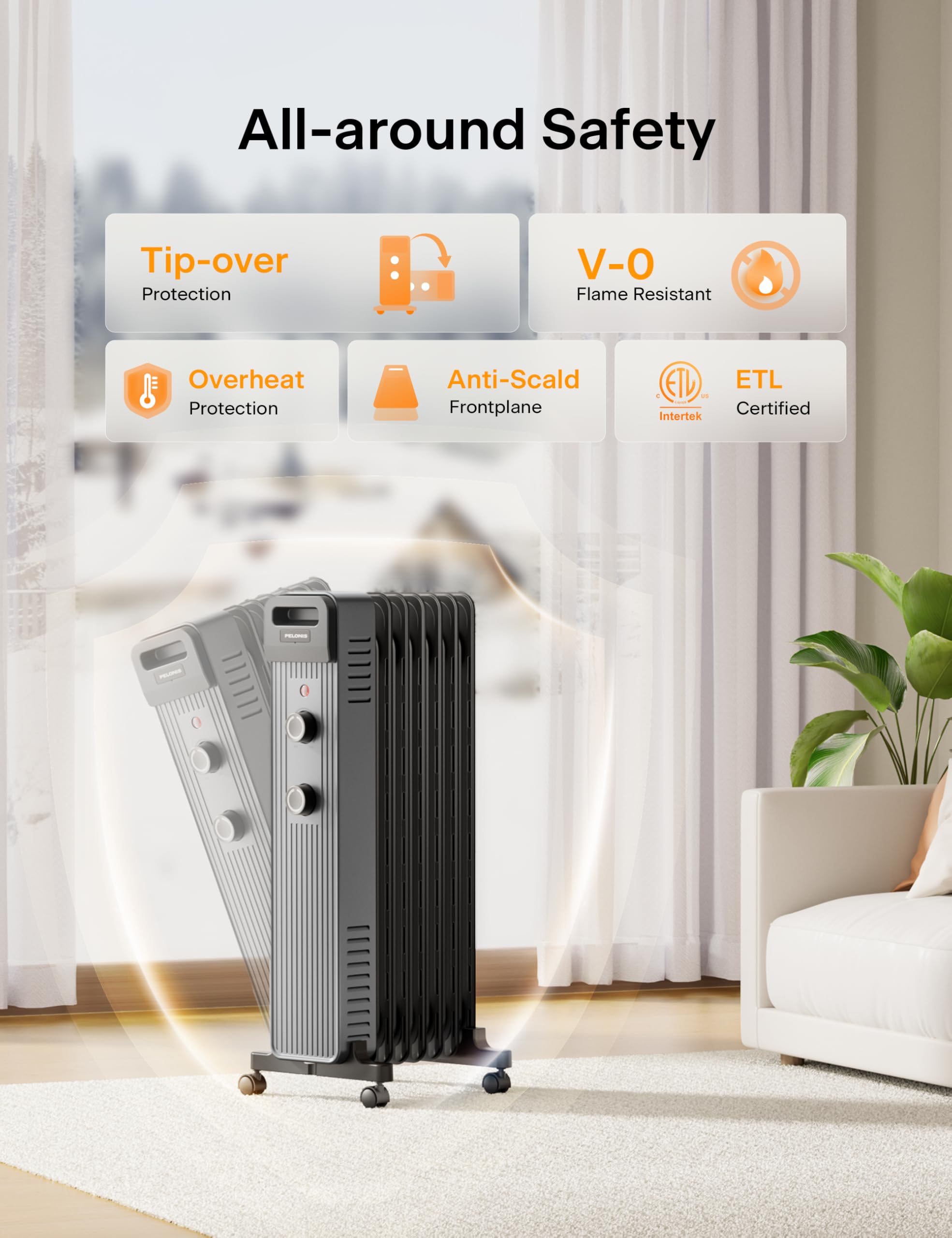 Pelonis heater showing tip-over and overheating safety features