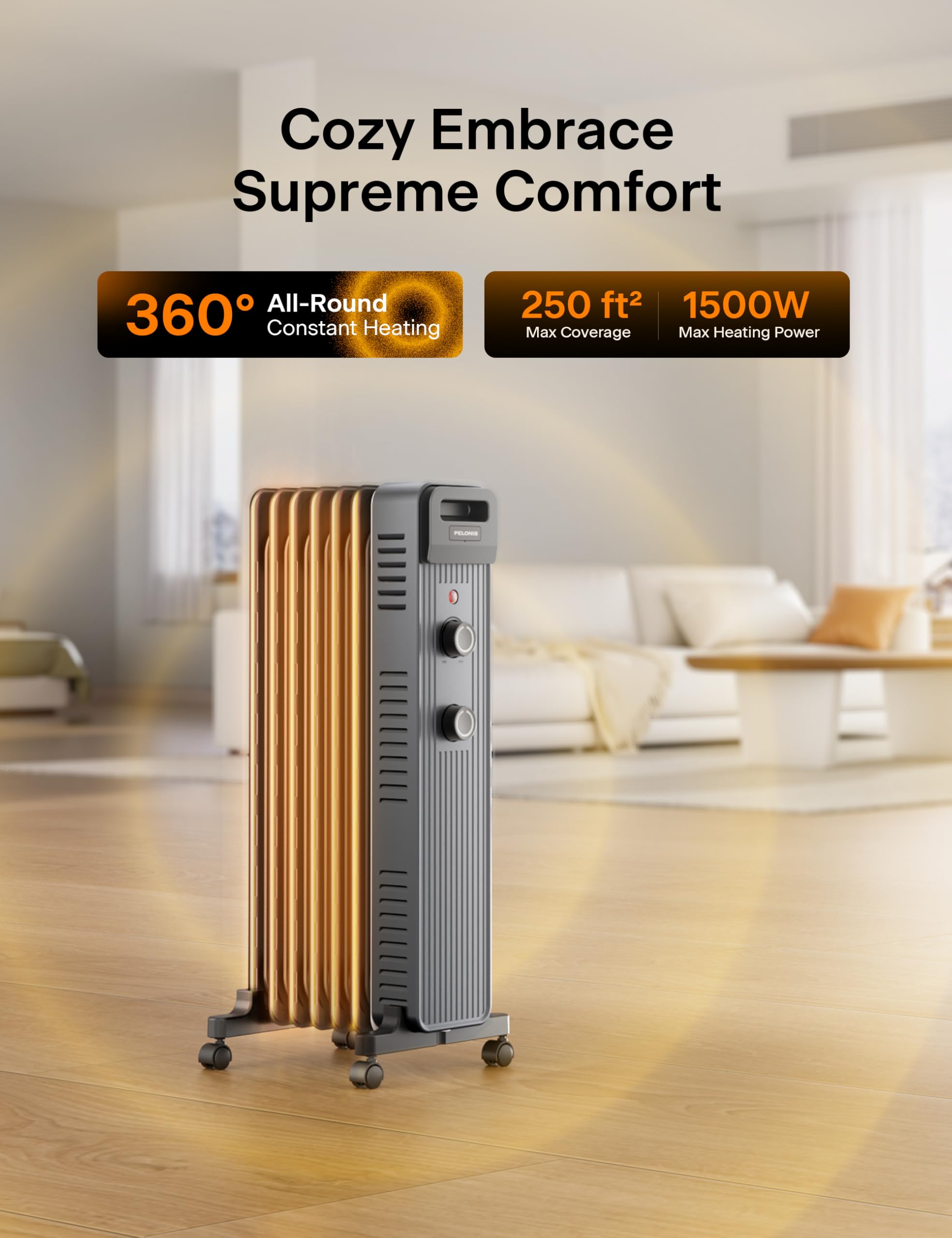 Pelonis oil-filled radiator with adjustable thermostat control knob