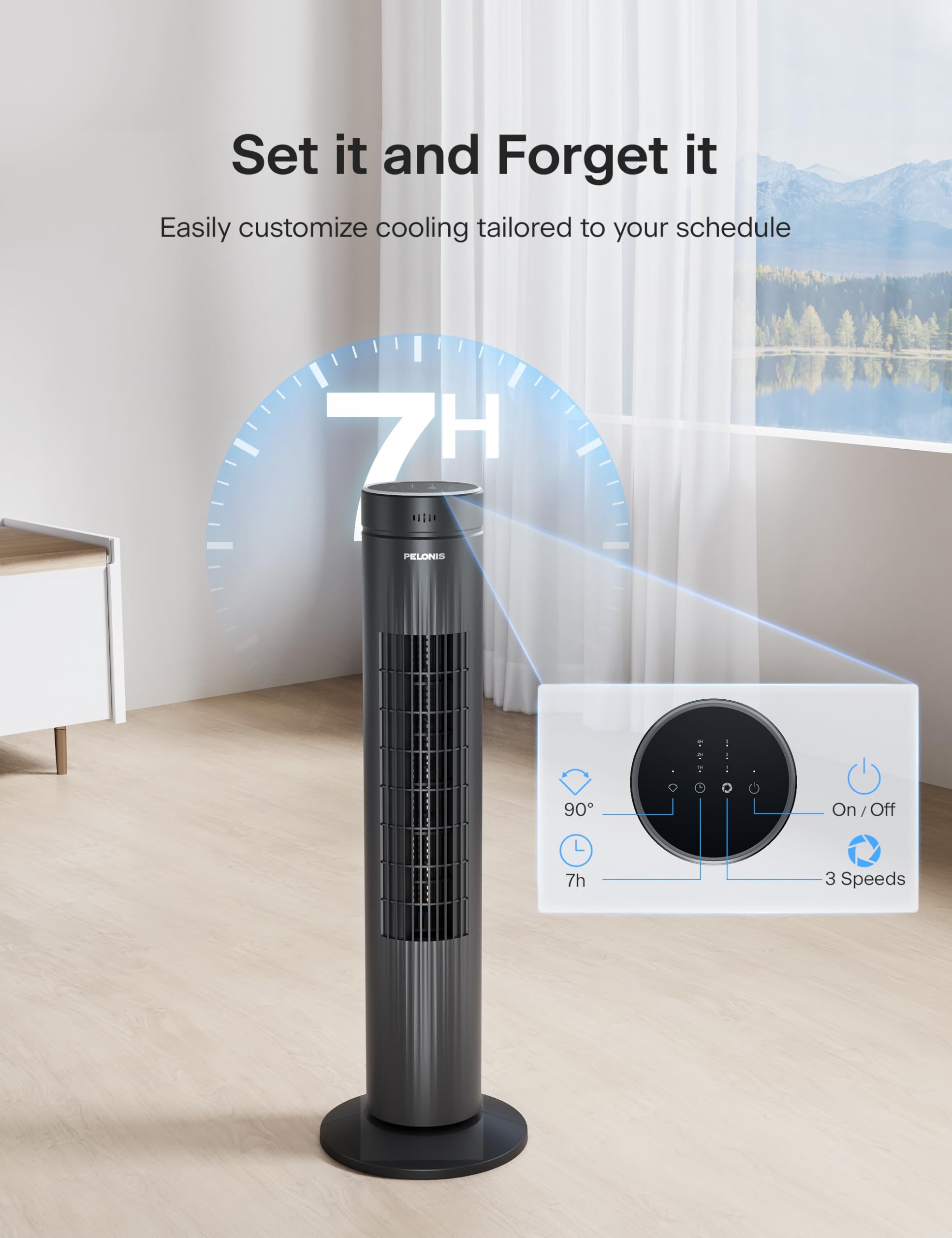 Pelonis oscillating tower fan delivers 90-degree airflow coverage.