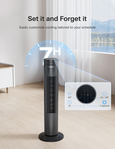 Pelonis oscillating tower fan delivers 90-degree airflow coverage.