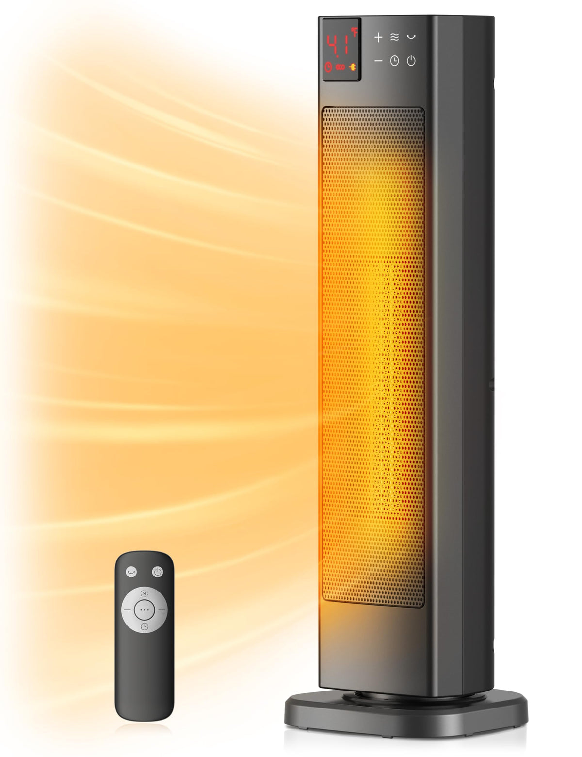 Pelonis oscillating tower heater front view showing wide heat coverage for living rooms.