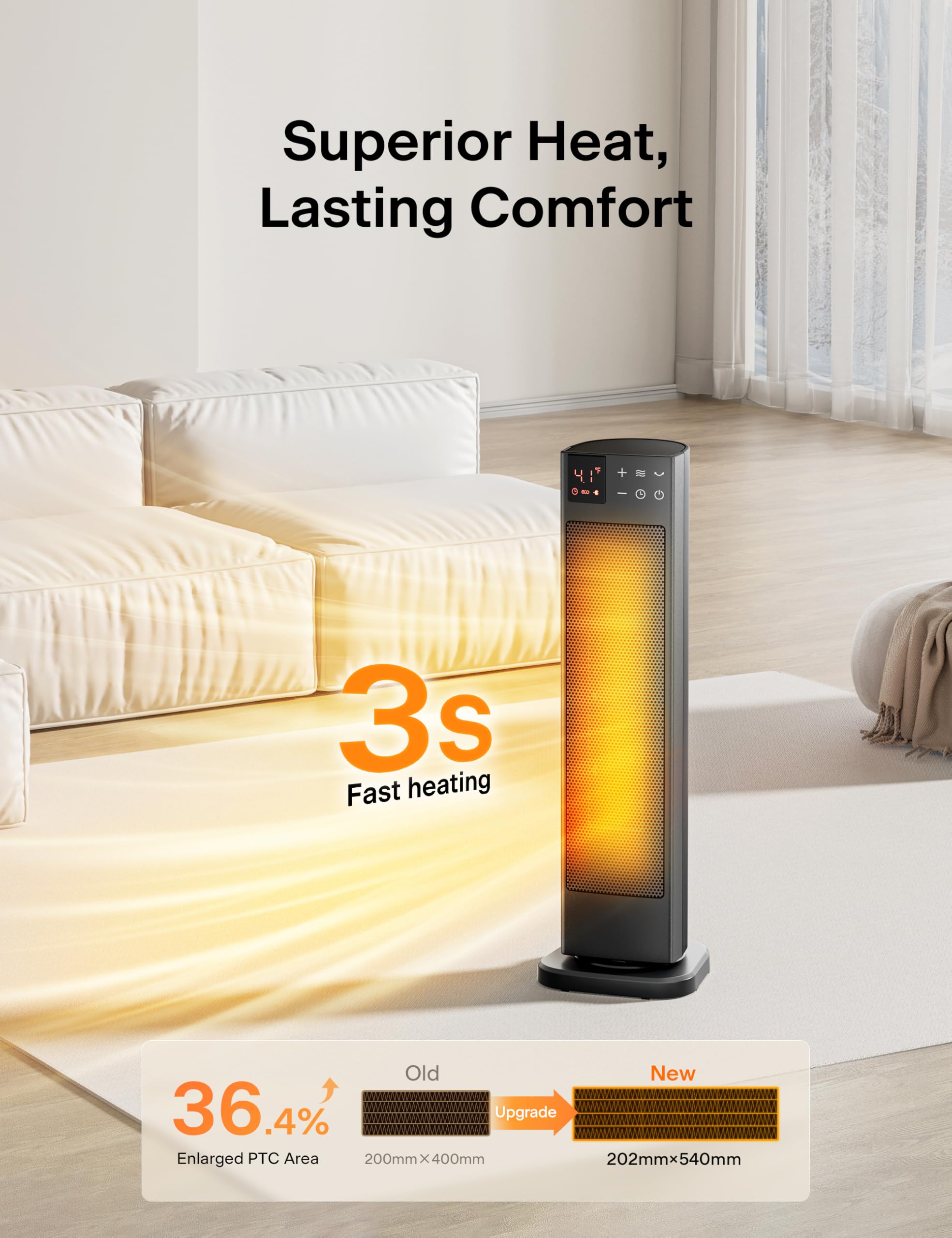 Pelonis oscillating tower heater side view highlighting its compact design for tight spaces.