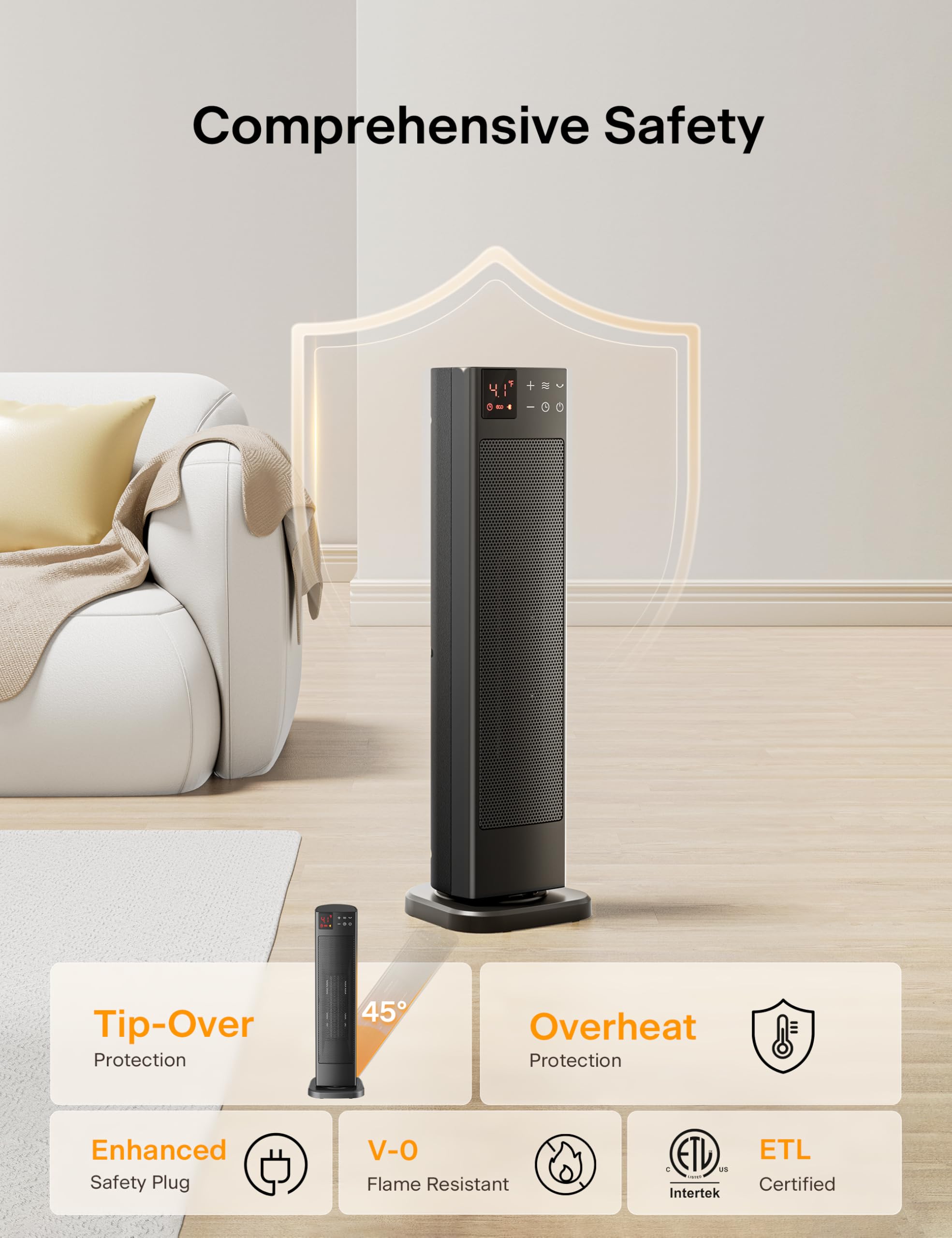 Pelonis oscillation at 75° delivering broad coverage to warm a room.