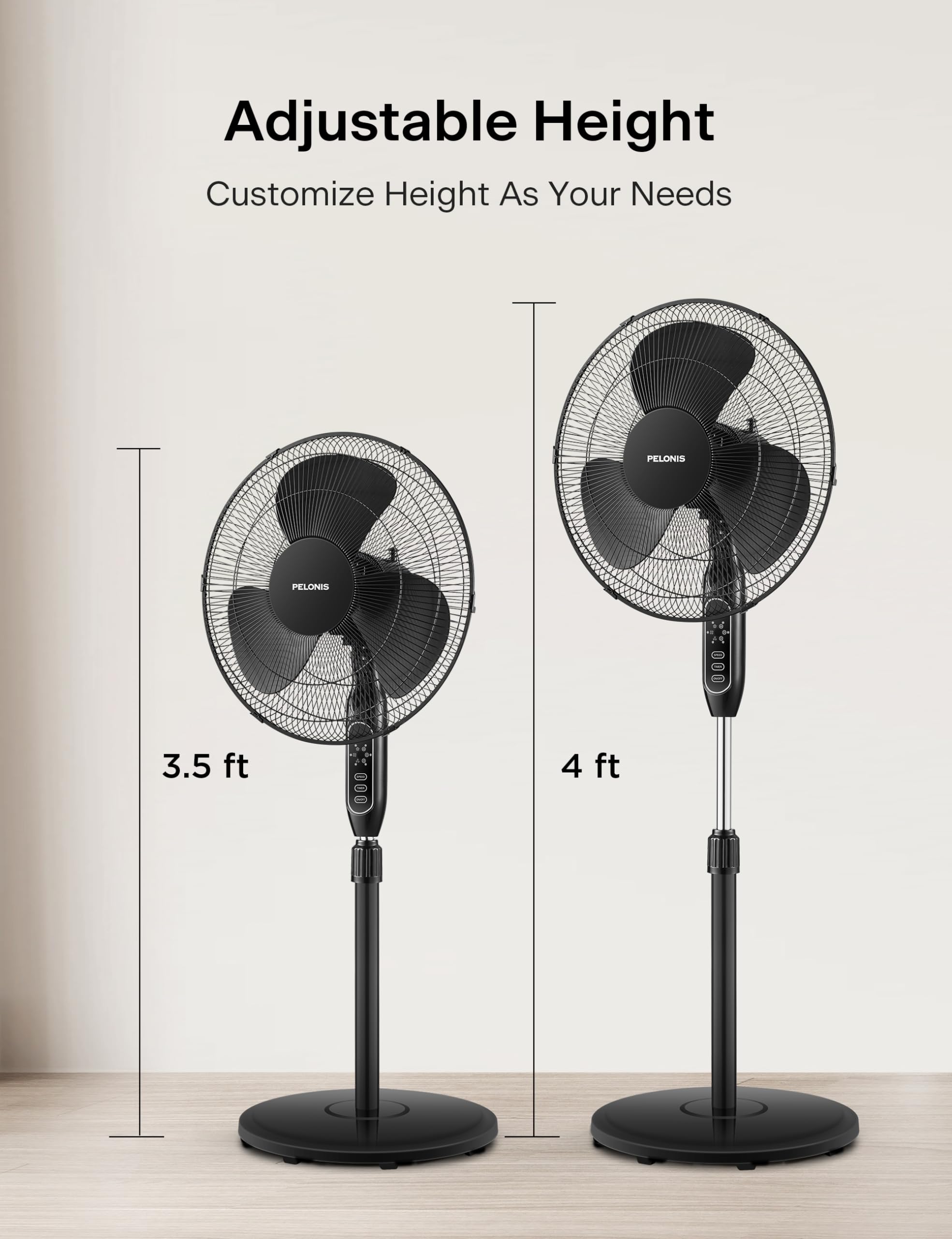 Pelonis 90-degree oscillation covers the full room.