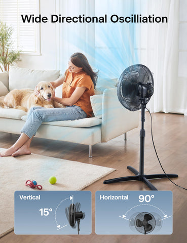 Pelonis pedestal fan side view fitting living room layout
