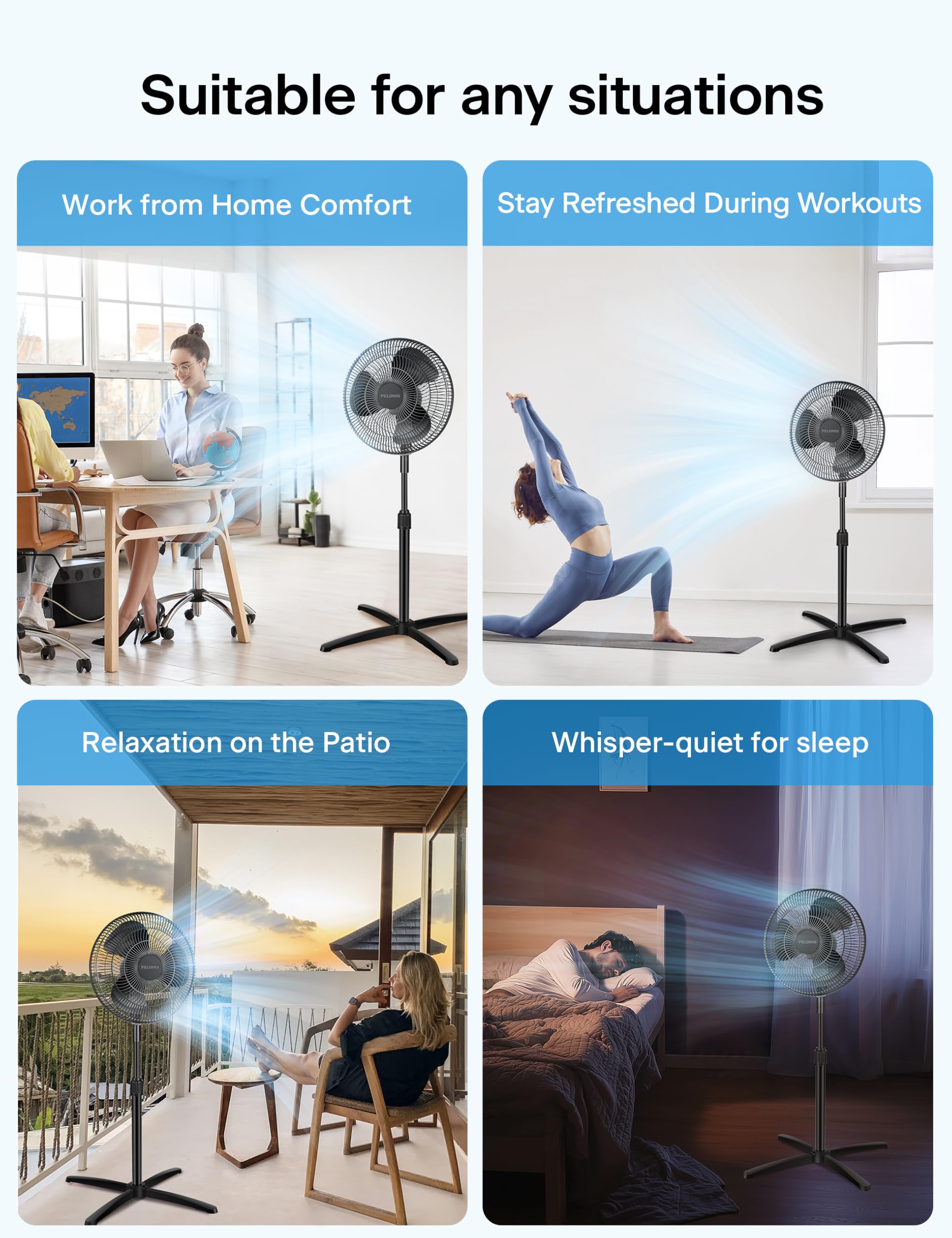 Pelonis pedestal fan tilt-head directing cool airflow