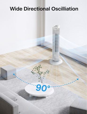 Pelonis PFT28A2BWW angled-oscillating feature provides wider air coverage.
