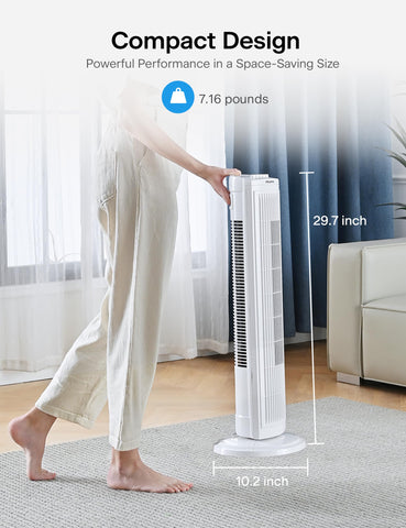 Pelonis PFT28A2BWW compact tower design saves space.