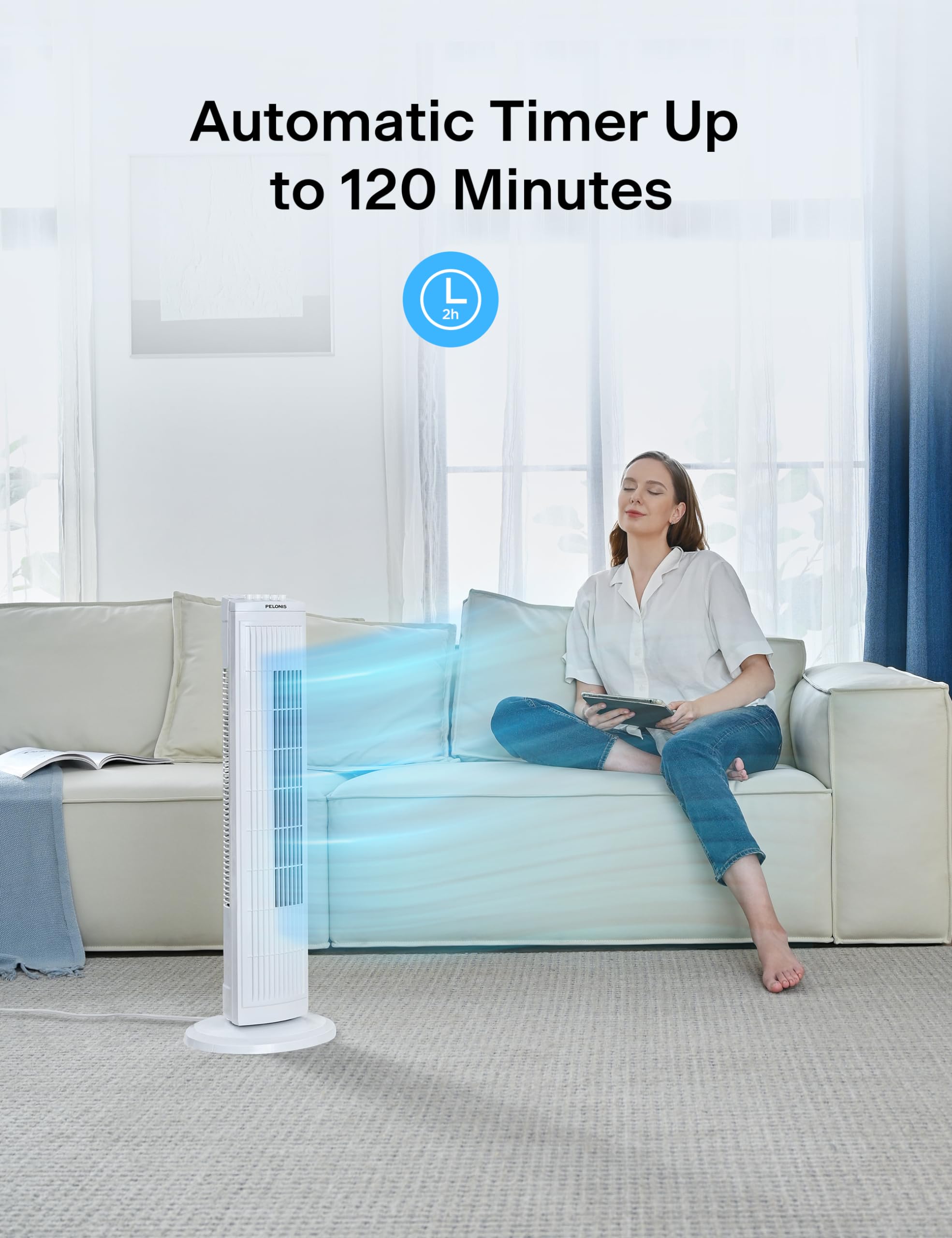 Pelonis PFT28A2BWW timer control illustrates auto-off feature.