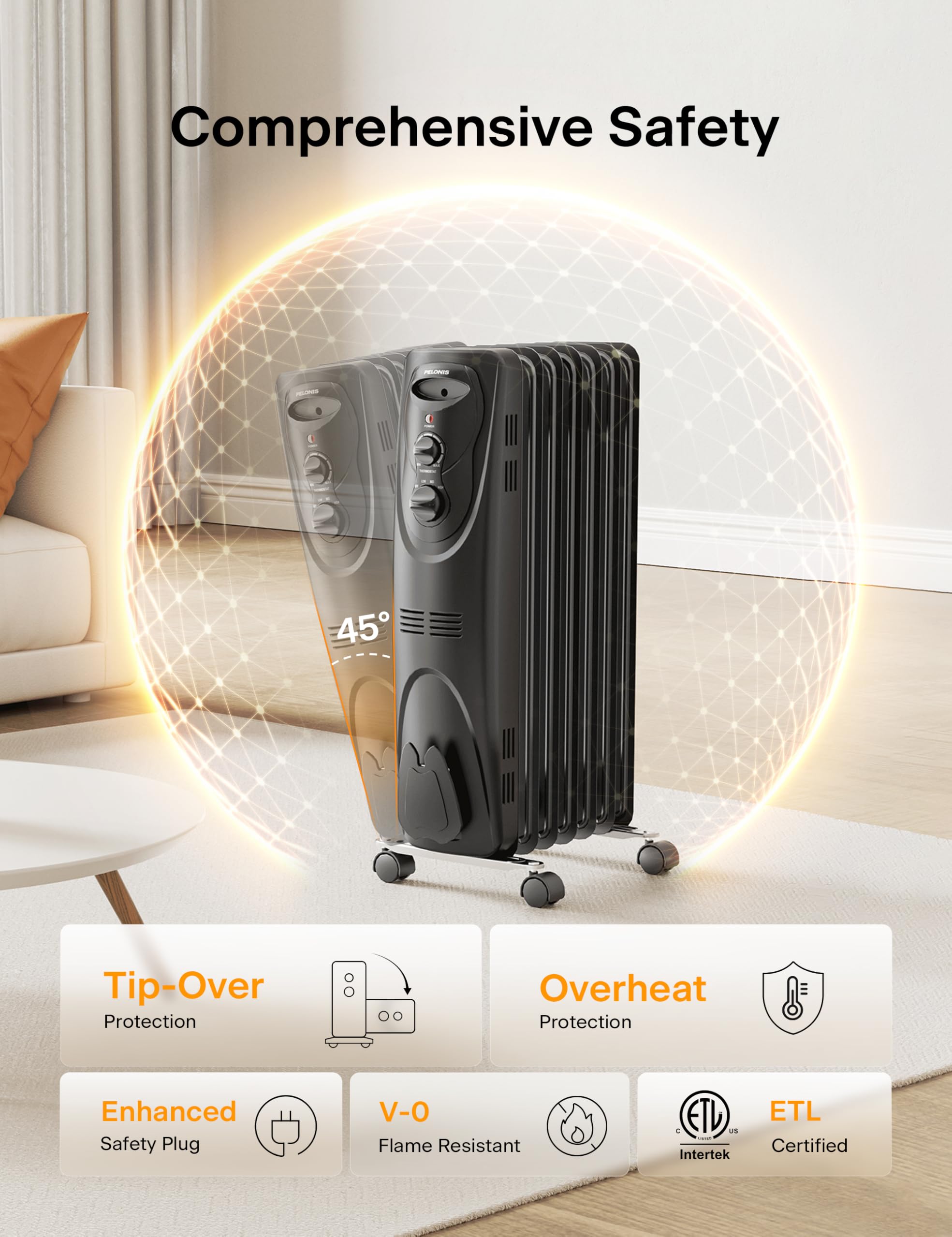 PELONIS PHO15A2AGW warm-air flow illustrates room-wide warmth without noise