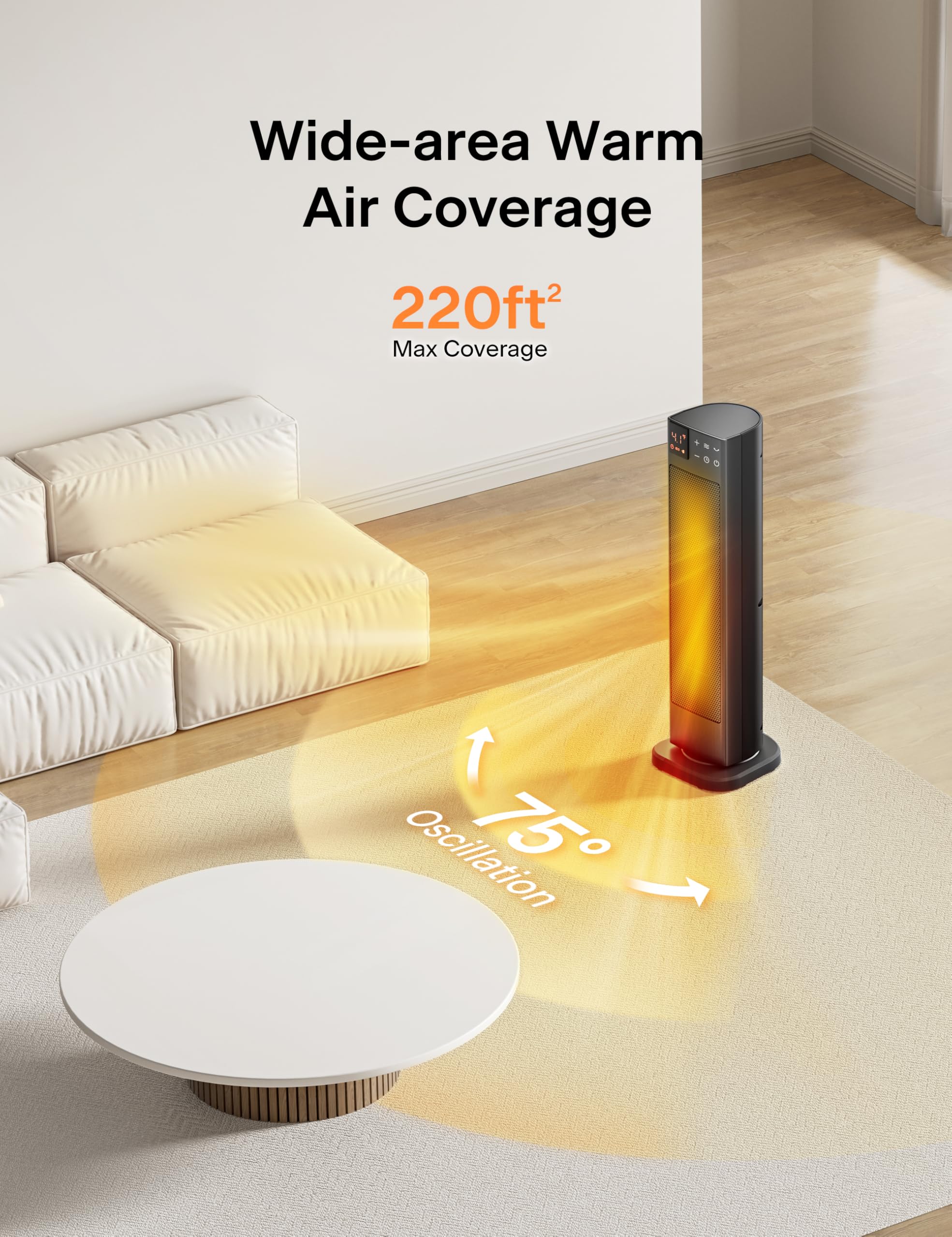 Pelonis PTC ceramic heating element close-up emphasizing fast heat and safety features.