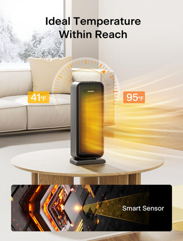 Pelonis PTC tower heater compact desk placement ideal for small spaces.