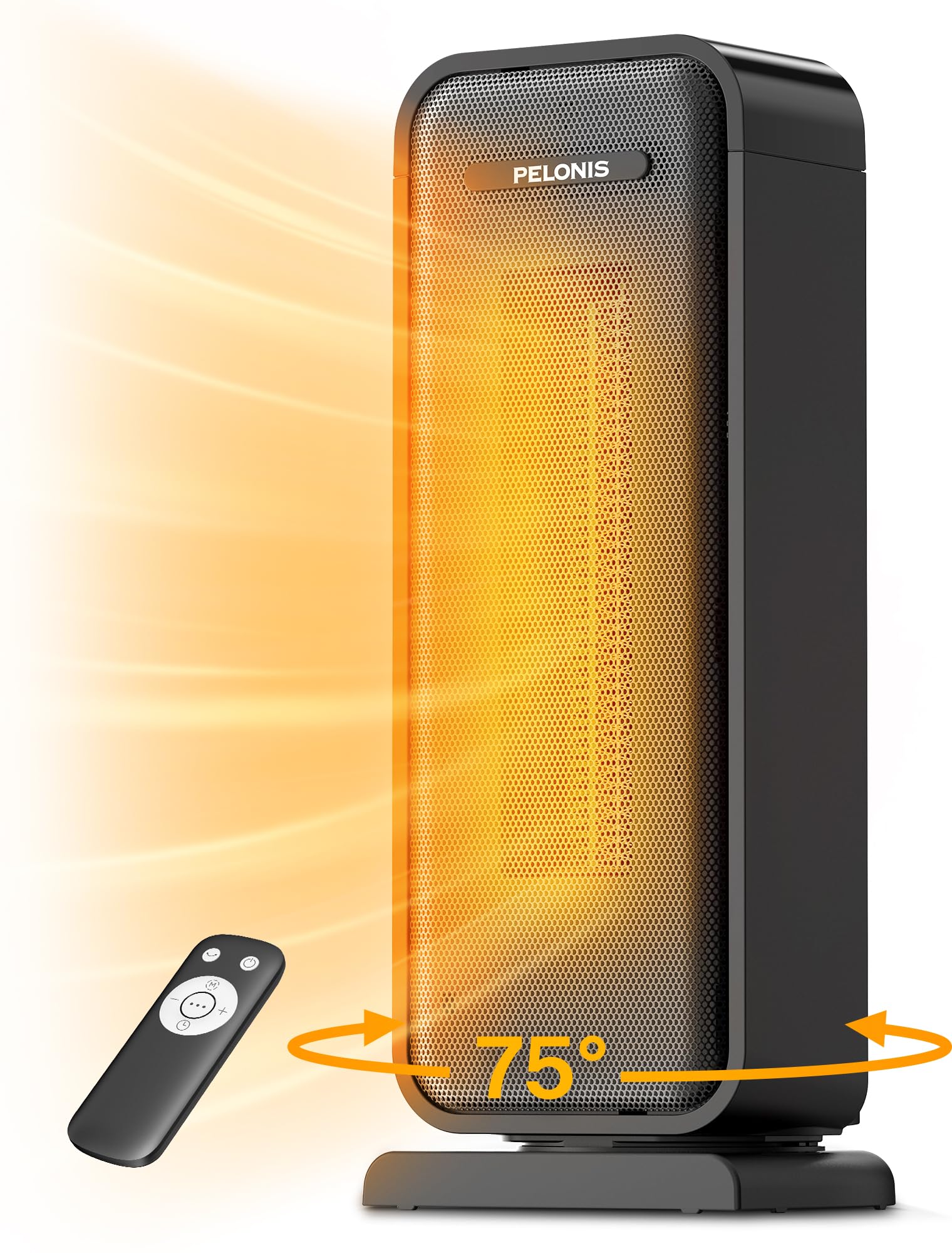 Pelonis PTC tower heater front view shows compact design and strong heat delivery.