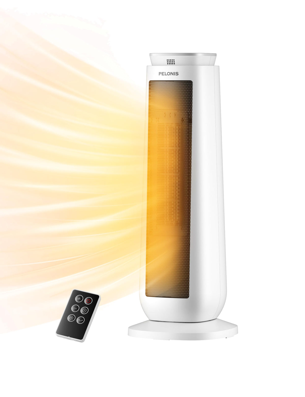 PELONIS PTC tower heater front view showing wide warmth coverage for mid-sized rooms