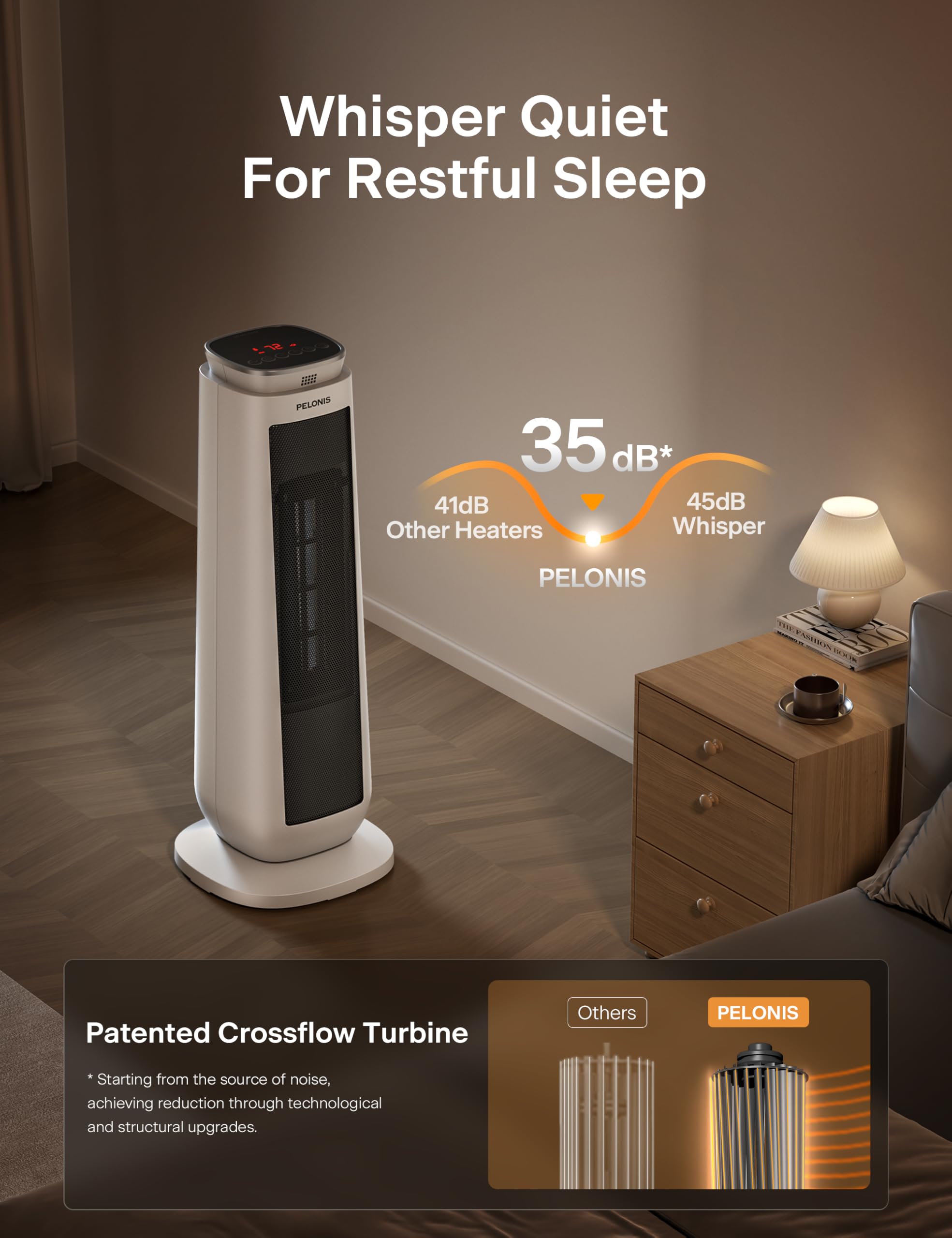 PELONIS heater in a living room providing steady warmth