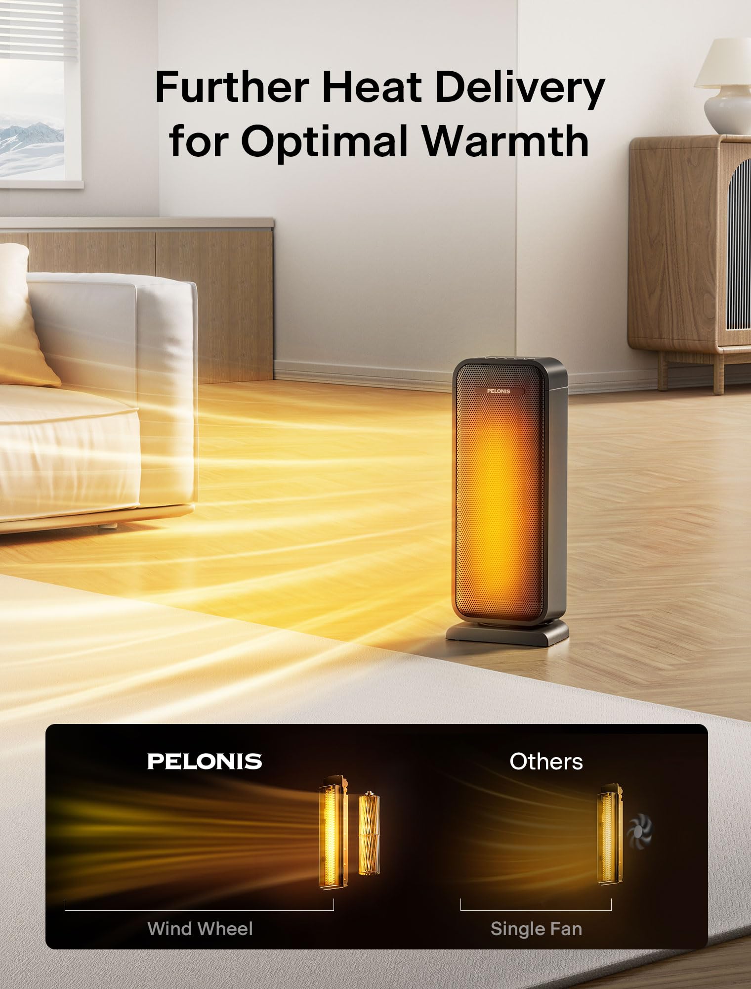 Pelonis PTC tower heater oscillating 75-degree coverage for even warmth.