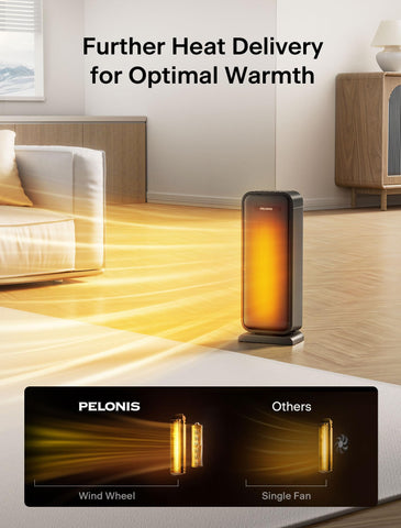 Pelonis PTC tower heater oscillating 75-degree coverage for even warmth.